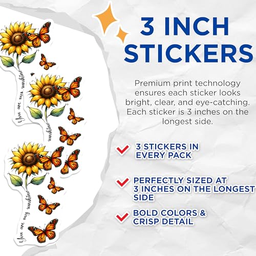 (3 Pack) Sunflower Decals - Butterfly Stickers - You are My Sunshine Decal - 3 Inches On Longest Side - Easy Peel & Apply - Made in USA - 3MCS6751