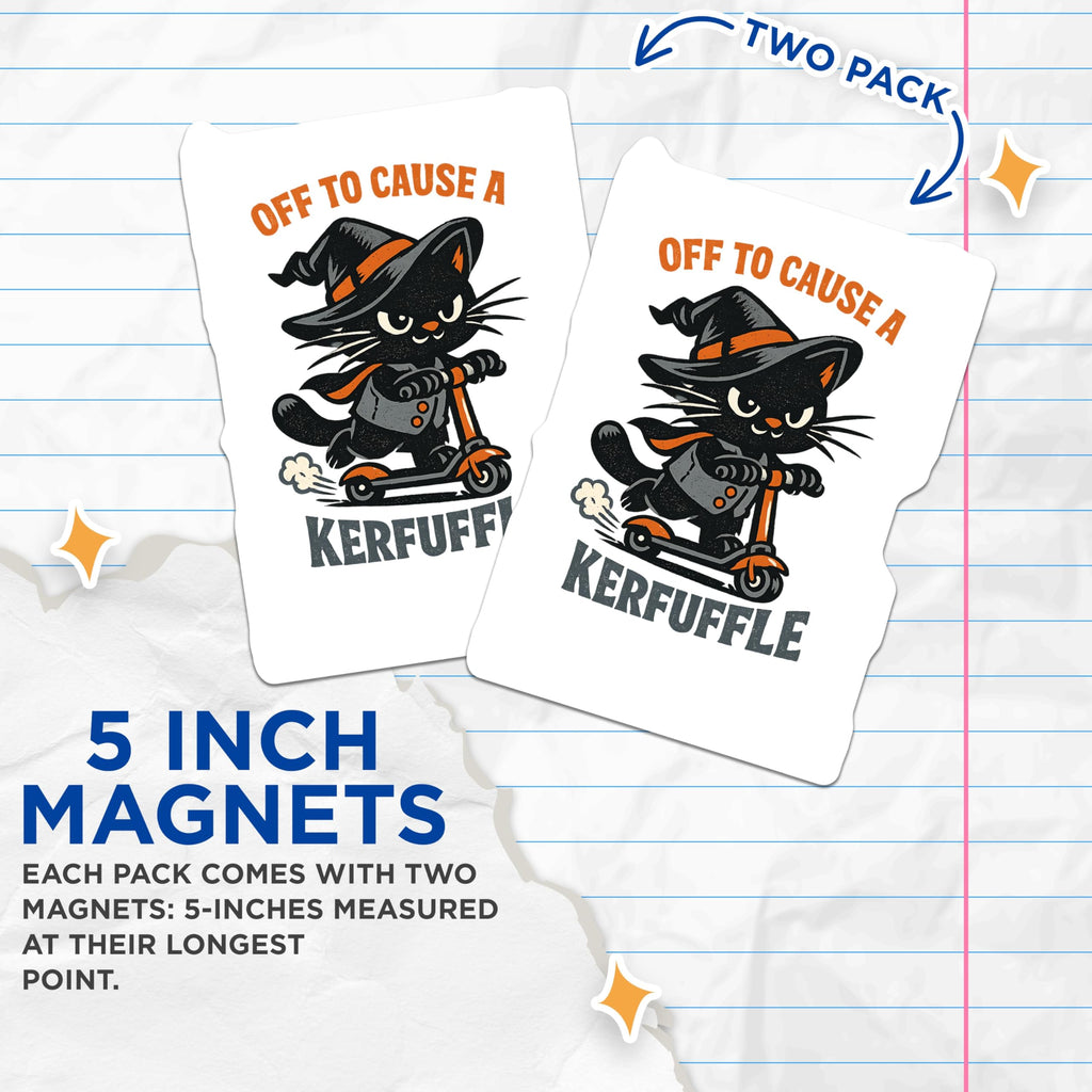(2 Pack) Witch Cat Magnets - Kerfuffle Scooter Cat - Funny Halloween Feline Decor - 5 Inches On Longest Side - Thick Durable Magnet - Made in USA - MAG22704