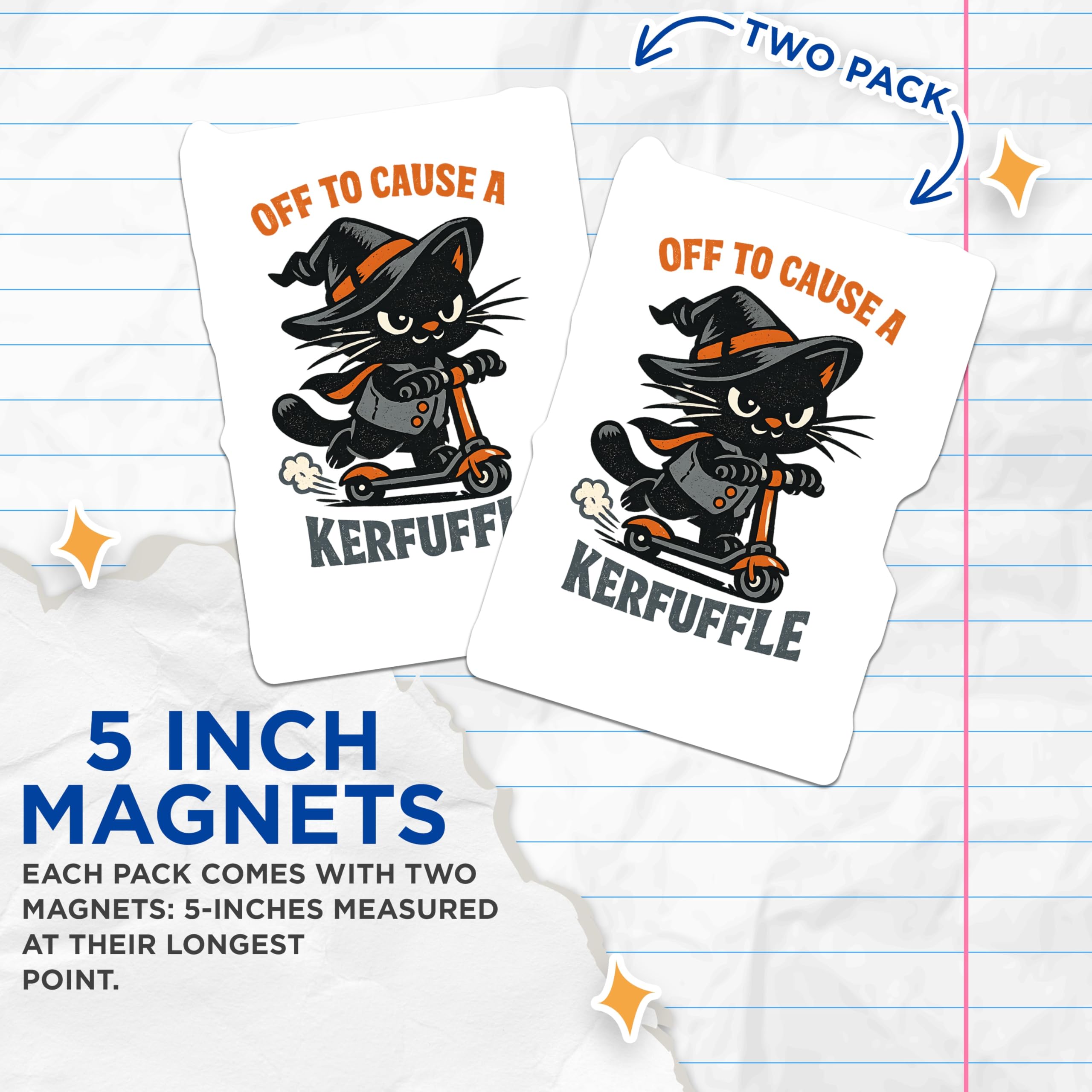 (2 Pack) Witch Cat Magnets - Kerfuffle Scooter Cat - Funny Halloween Feline Decor - 5 Inches On Longest Side - Thick Durable Magnet - Made in USA - MAG22704