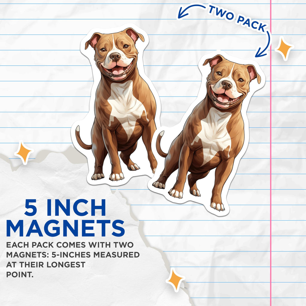 (2 Pack) Smiling Pitbull Magnets - Happy Dog Lover Decor - Pet Fridge Accessory - Canine Companion Art - 5 Inches On Longest Side - Thick Durable Magnet - Made in USA - MAG24758