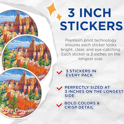 (3 Pack) Bryce Canyon National Park Decals - Laptop Decals - Travel Stickers - 3 Inches On Longest Side - Easy Peel & Apply - Made in USA - 3MCS0509