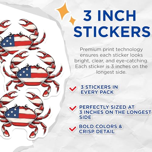 (3 Pack) American Flag Crab Decals - Patriotic Crab Decal - USA Crab Decal - 3 Inches On Longest Side - Easy Peel & Apply - Made in USA - 3MCS7404