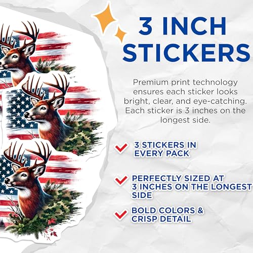 (3 Pack) American Flag Deer Decals - Patriotic Wildlife Stickers - Camouflage Laptop Decal - 3 Inches On Longest Side - Easy Peel & Apply - Made in USA - 3MCS8593