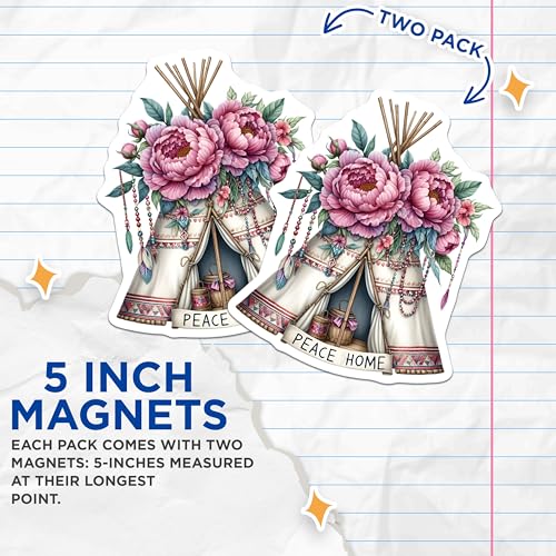 (2 Pack) Peace Home Magnets Magnets - Floral Teepee Design - Boho Decor - 5" On Longest Side - Made in USA - Sticks to Refrigerators & Metal Surfaces - MAG8862
