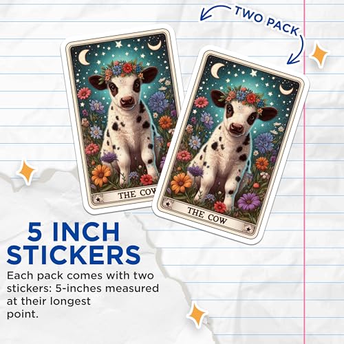 (2 Pack) Cute Cow Stickers - Animal Illustration - Floral Cow Art - 5" On Longest Side - Sticks to Smooth Flat Surfaces - Made in USA - BMCS5373