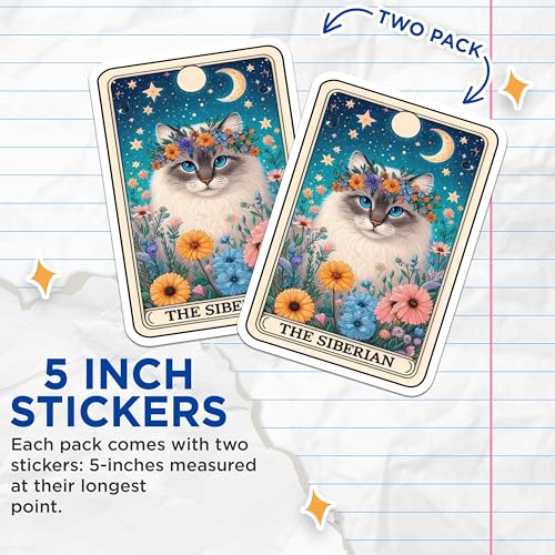 (2 Pack) Siberian Cat Stickers - Floral Cat Stickers - Moon and Stars Cat Stickers - 5" On Longest Side - Sticks to Smooth Flat Surfaces - Made in USA - BMCS5309