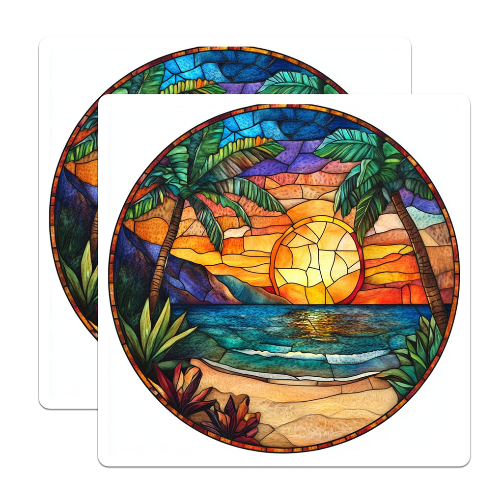 (2 Pack) Stained Glass Sunset Magnets - Tropical Ocean Beach Decor - Vibrant Palm Tree Art Round Design Aesthetic - 5 Inches On Longest Side - Thick Durable Magnet - Made in USA - MAG24204