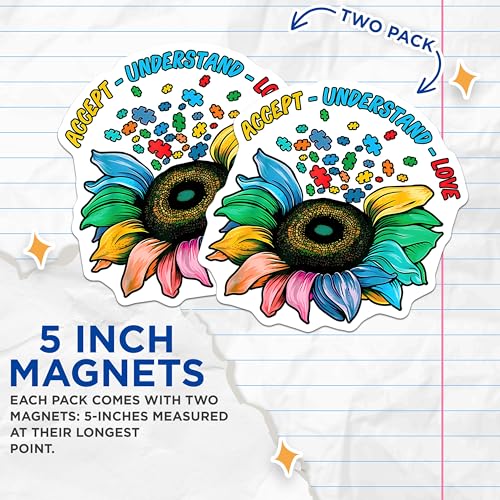 (2 Pack) Accept Understand Love Magnets - Sunflower Puzzle Piece - Inspirational Autism Awareness - 5" On Longest Side - for Cars, Refrigerators, Toolboxes, Lockers - Made in USA BMCS3348