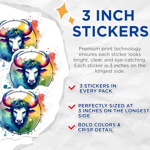 (3 Pack) Watercolor Bull Decals - Zodiac Taurus - Boho Colorful Stickers- 3 Inches On Longest Side - Easy Peel & Apply - Made in USA - 3MCS5347