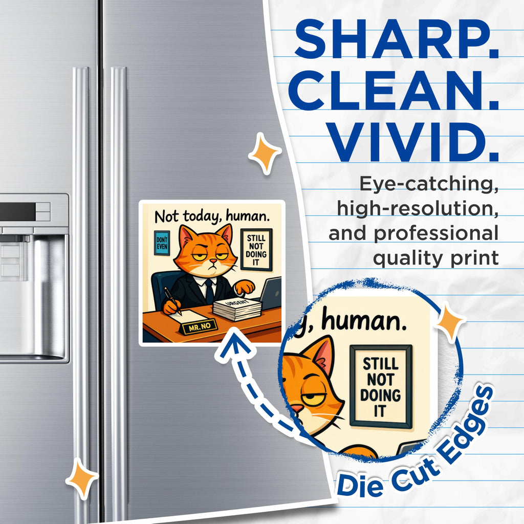 (2 Pack) Grumpy Office Cat Magnets - Not Today Human Funny Saying - Relatable Work Humor Desk Art - Lazy Cat Meme Decor - 5 Inches On Longest Side - Thick Durable Magnet - Made in USA - MAG21168