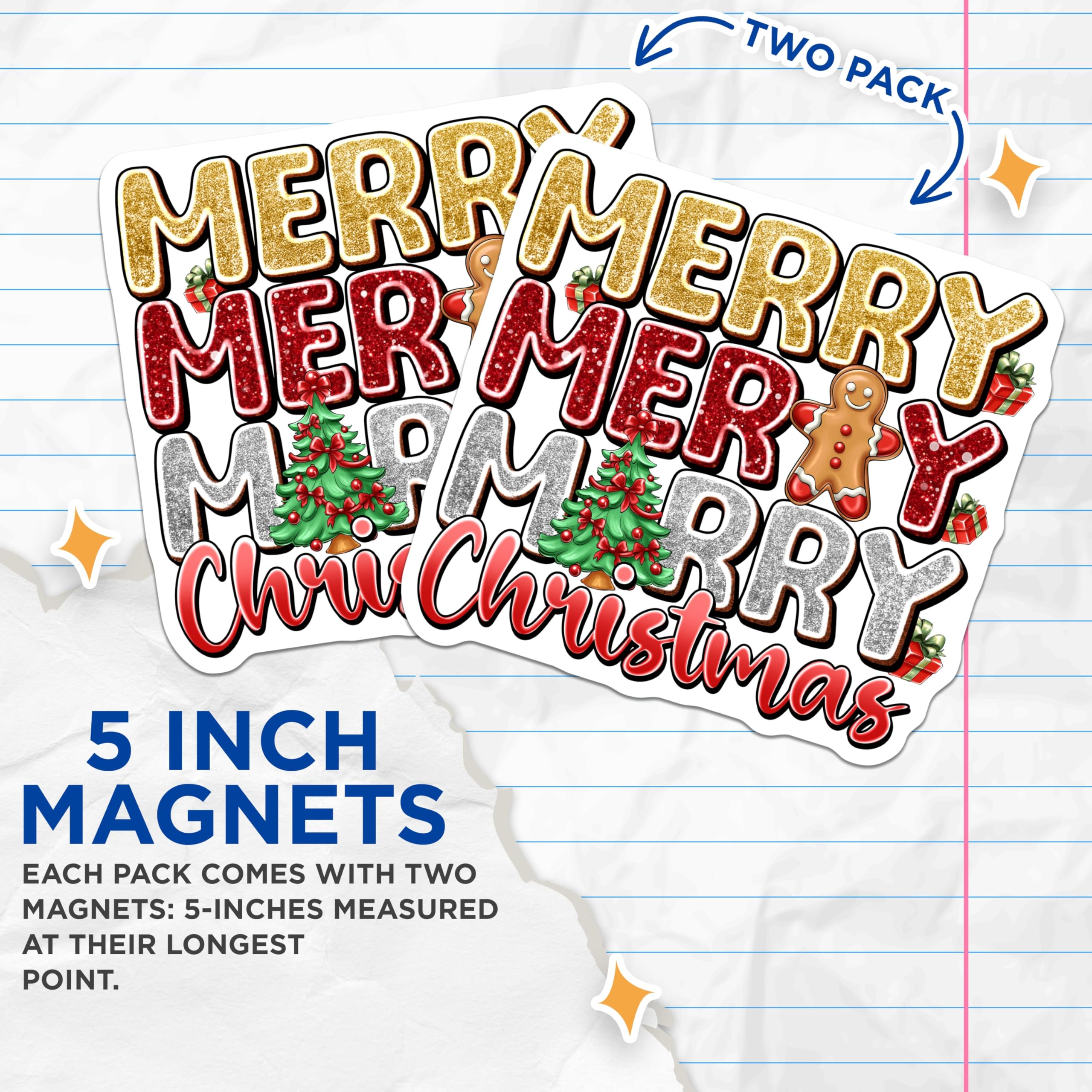 (2 Pack) Christmas Magnets - Merry Merry Merry Christmas Design - Gingerbread Tree Festive Decor - 5 Inches On Longest Side - Thick Durable Magnet - Made in USA - MAG23354