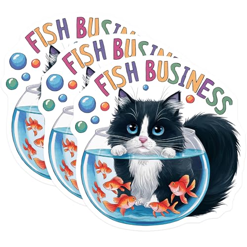 (3 Pack) Fish Business Decals - Cat in Fishbowl Stickers - Laptop Decal - Funny Animal Decals - 3 Inches On Longest Side - Easy Peel & Apply - Made in USA - 3MCS7531