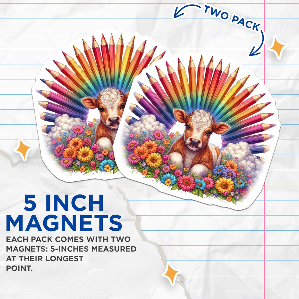 (2 Pack) Cow Magnets - Rainbow Pencil Art - Cute Calf Refrigerator Magnets - 5" On Longest Side - Premium Magnet - for Cars, Refrigerators, Toolboxes, Lockers - Made in USA - MAG15965