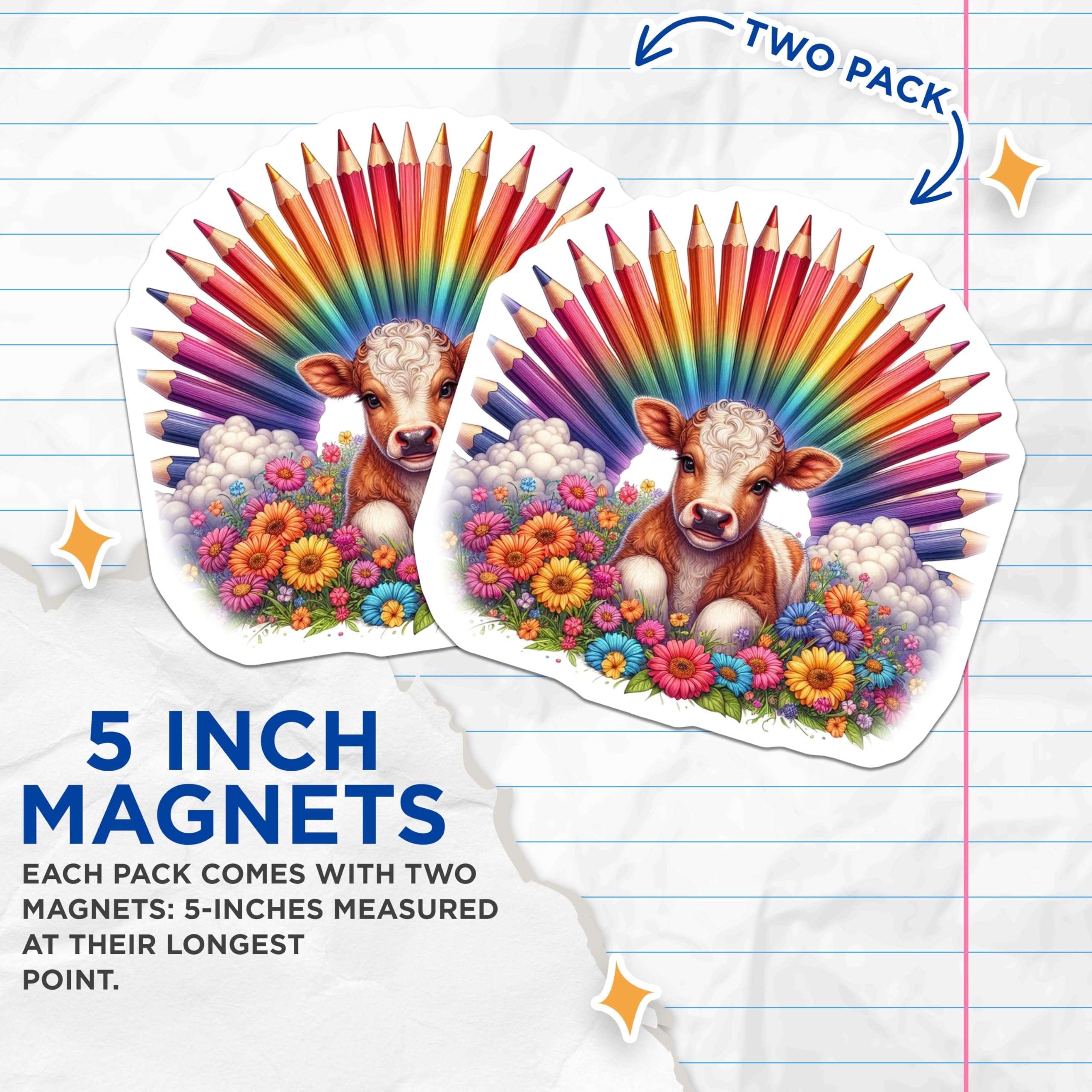 (2 Pack) Cow Magnets - Rainbow Pencil Art - Cute Calf Refrigerator Magnets - 5" On Longest Side - Premium Magnet - for Cars, Refrigerators, Toolboxes, Lockers - Made in USA - MAG15965