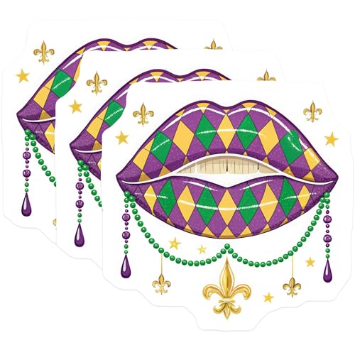 (3 Pack) Mardi Gras Lips Decals - Harlequin Pattern - Fleur De Lis Decor - 3 Inches On Longest Side - Easy Peel & Apply - Made in USA - 3MCS4538