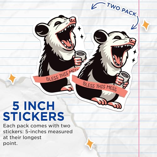 (2 Pack) Funny Possum Stickers - Bless This Mess - Animal Lovers - Humorous Stickers - 5" On Longest Side - Sticks to Smooth Flat Surfaces - Made in USA - BMCS6212