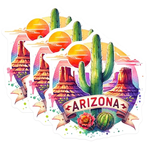 (3 Pack) Arizona Desert Decals - Cactus Decal - Western State Decals- 3 Inches On Longest Side - Easy Peel & Apply - Made in USA - 3MCS5592