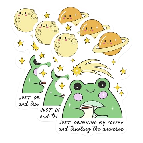 (3 Pack) Frog Coffee Decals - Trusting The Universe - Laptop Decals - 3 Inches On Longest Side - Easy Peel & Apply - Made in USA - 3MCS0234