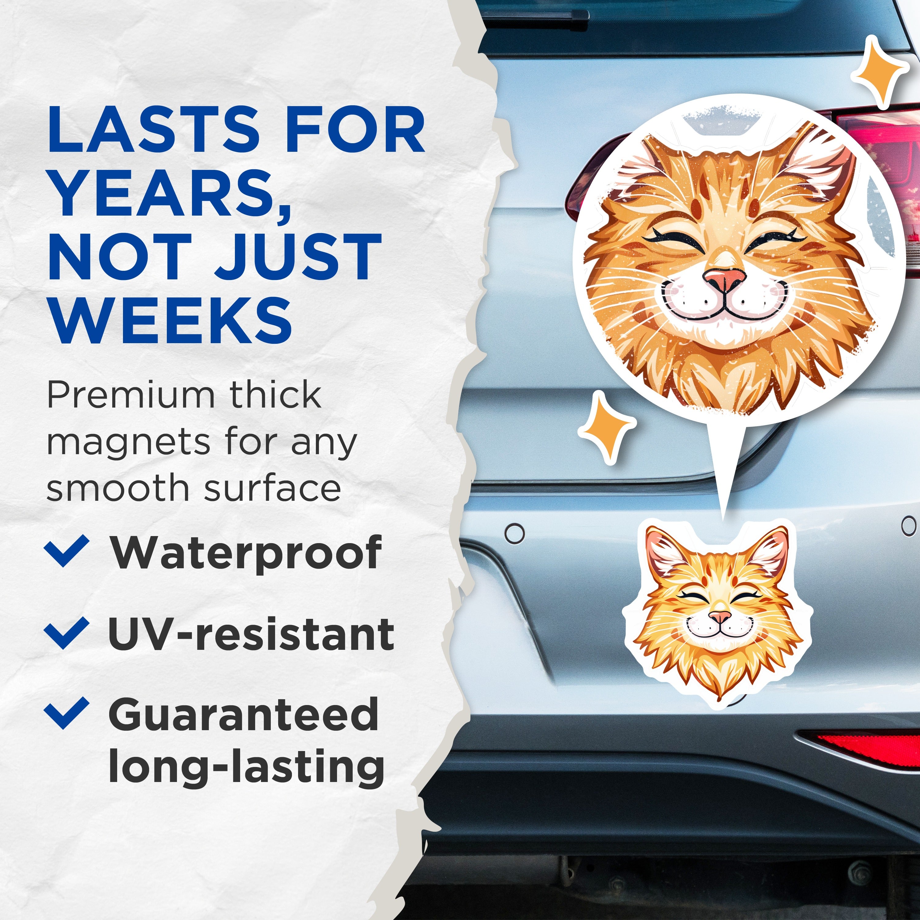 (2 Pack) Happy Cat Face Magnets - Cute Cat Lover Refrigerator Decor - Orange Tabby Pet Accent - 5 Inches On Longest Side - Thick Durable Magnet - Made in USA - MAG38562