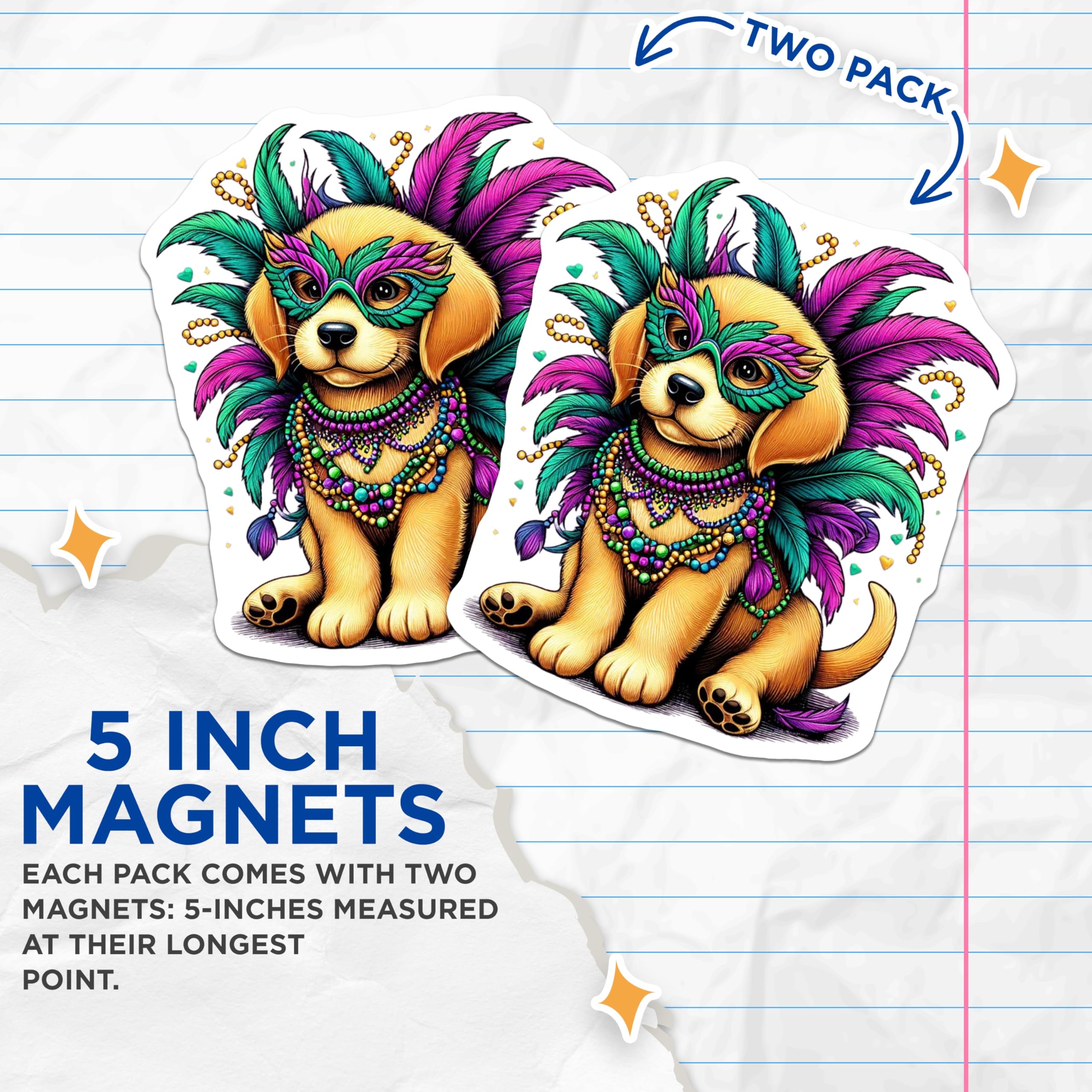 (2 Pack) Mardi Gras Dog Magnets - Cute Puppy Decor - Party Celebration Fridge Magnets - 5" On Longest Side - Premium Magnet - for Cars, Refrigerators, Toolboxes, Lockers - Made in USA - MAG16055