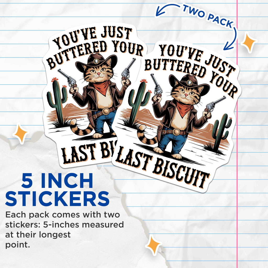 (2 Pack) Cat Cowboy Stickers - Funny Western Stickers - Unique Animal Stickers for Laptops and Water Bottles - 5" On Longest Side - Sticks to Smooth Flat Surfaces - Made in USA - BMCS5042