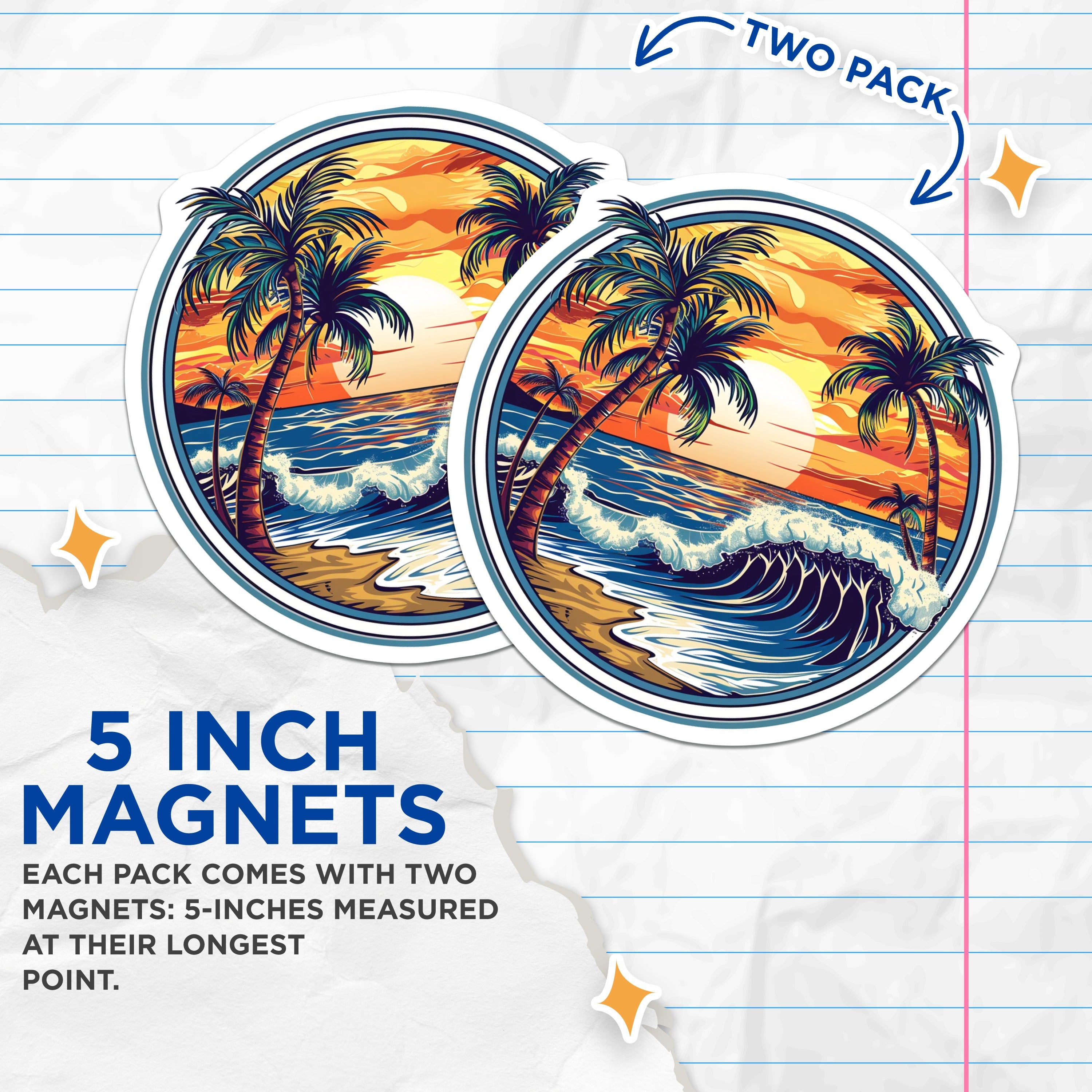 (2 Pack) Tropical Island Magnets - Beach Sunset Decor - Ocean Wave Refrigerator Art - 5 Inches On Longest Side - Thick Durable Magnet - Made in USA - MAG39623