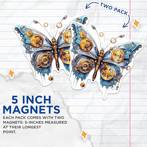 (2 Packs) Steampunk Butterfly Magnets - Aesthetic Gothic Steampunk Magnets - 5 Inches On Longest Side - Premium Magnet - for Fridges, Toolboxes, Cars - Made in USA - MAG2327