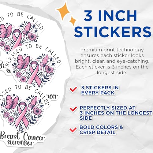 (3 Pack) Breast Cancer Decals - Survivor Ribbon Decals - Butterfly Flower Stickers - 3 Inches On Longest Side - Easy Peel & Apply - Made in USA - 3MCS4757