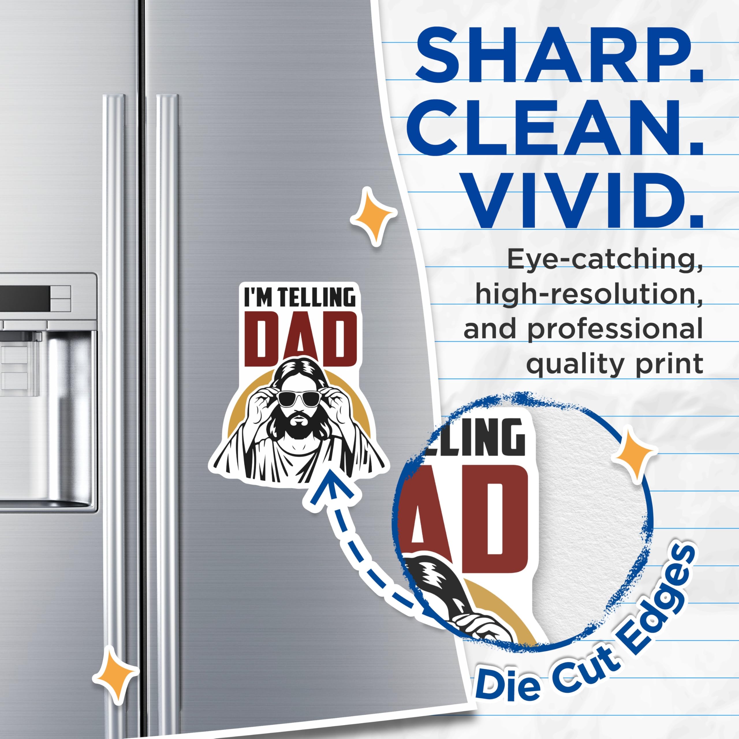 (2 Pack) Jesus Sunglasses Magnets - I'm Telling Dad Christian Humor - Divine Refrigerator Decor - Faith Based Funny Sayings - 5 Inches On Longest Side - Thick Durable Magnet - Made in USA - MAG23779
