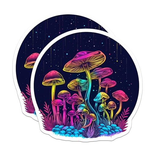 (2 Pack) Psychedelic Mushroom Stickers - Colorful Fungus Art - Trippy Sticker Designs - 5" On Longest Side - Sticks to Smooth Flat Surfaces - Made in USA - BMCS6617