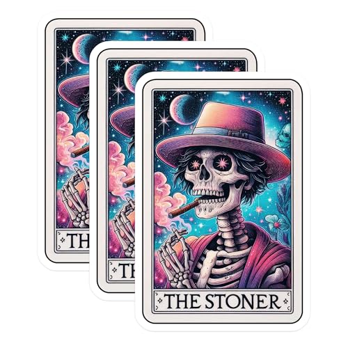(3 Pack) Stoner Skeleton Decals - Tarot Card Art - Smoking Skull Decals - 3 Inches On Longest Side - Easy Peel & Apply - Made in USA - 3MCS4272