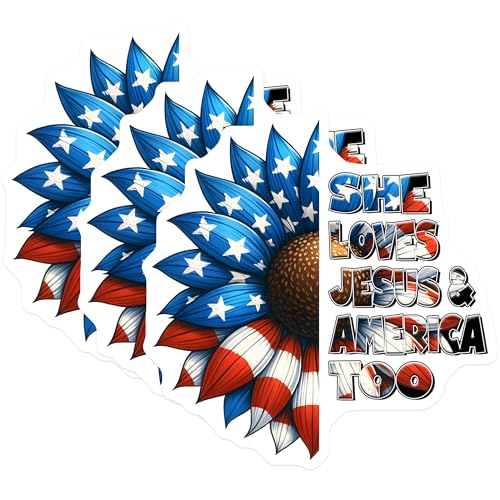 (3 Pack) She Loves Jesus and America Decals - Patriotic Sunflower Decor - Christian American Decals - 3 Inches On Longest Side - Easy Peel & Apply - Made in USA - 3MCS6214