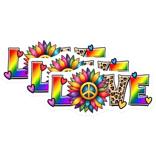 (3 Pack) Love Peace Sunflower Decals - Leopard Print - Rainbow Letters - 3 Inches On Longest Side - Easy Peel & Apply - Made in USA - 3MCS7024