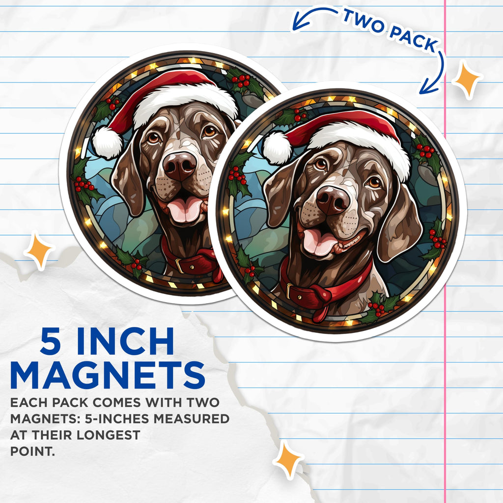 (2 Pack) Christmas Dog Magnets - Chocolate Lab Santa Hat - Stained Glass Pet Lover Refrigerator Decor - 5 Inches On Longest Side - Thick Durable Magnet - Made in USA - MAG28225