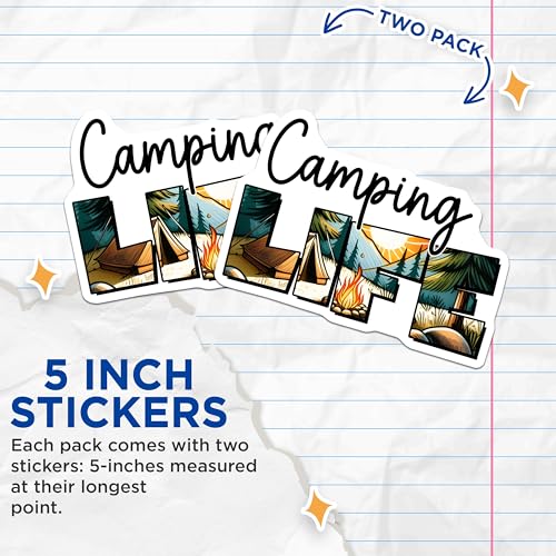 (2 Pack) Camping Life Stickers - Nature Adventure Stickers - Outdoor Enthusiast Stickers - 5" On Longest Side - Sticks to Any Smooth Flat Surface - Made in USA - BMCS3274