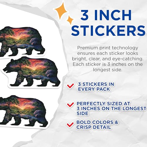 (3 Pack) Bear Decals - Landscape Bear - Nature Scene - Laptop Decals- 3 Inches On Longest Side - Easy Peel & Apply - Made in USA - 3MCS5635