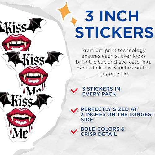 (3 Pack) Vampire Lips Decals - Bat Wings Stickers - Kiss Me Decals- 3 Inches On Longest Side - Easy Peel & Apply - Made in USA - 3MCS5857