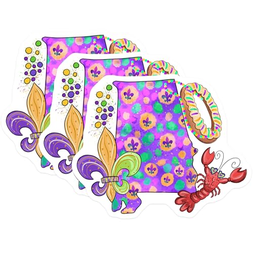 (3 Pack) Mardi Gras Decals - Louisiana Symbols - Laptop Decals - 3 Inches On Longest Side - Easy Peel & Apply - Made in USA - 3MCS2571