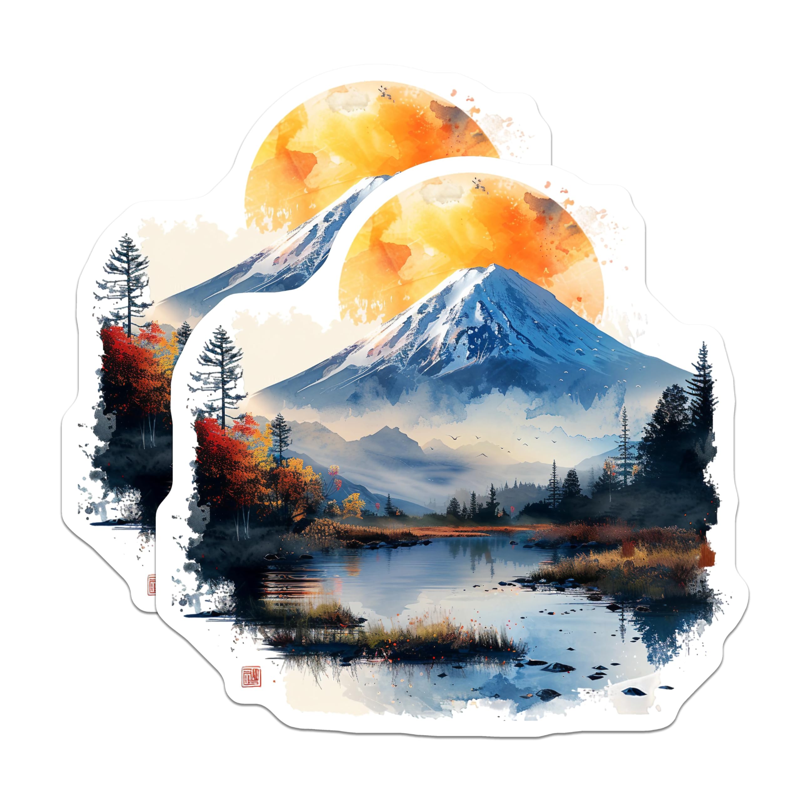 (2 Pack) Mountain Landscape Stickers - Nature Art Stickers - Scenic Outdoor Stickers - 5" On Longest Side - Sticks to Smooth Flat Surfaces - Made in USA - BMCS5194
