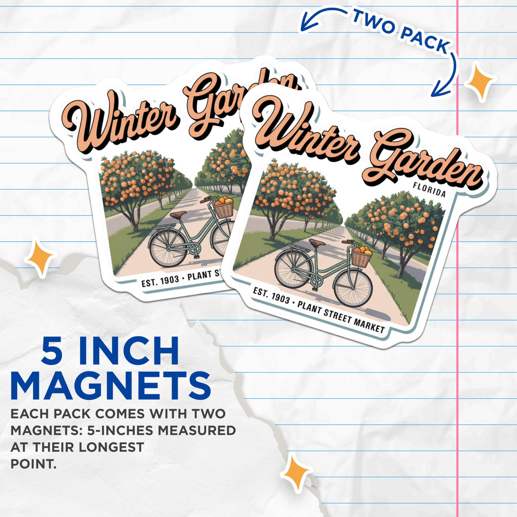 (2 Pack) Winter Garden Magnets - Florida Travel Souvenir - Plant Street Market Decor - 5" On Longest Side - Premium Magnet - for Cars, Refrigerators, Toolboxes, Lockers - Made in USA - MAG18275