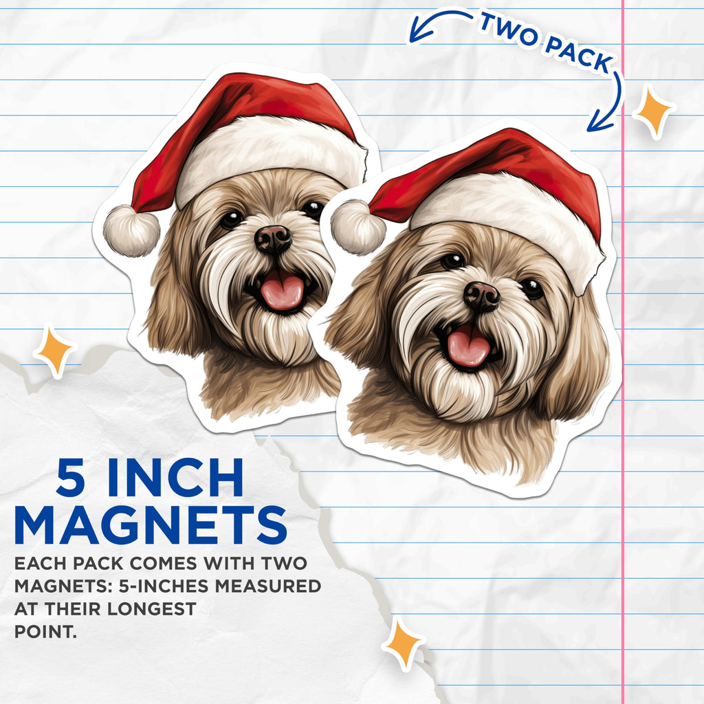 (2 Pack) Shih Tzu Christmas Dog Magnets - Santa Hat Holiday Pet Art - Festive Puppy Decor - Cute Canine Refrigerator Magnets - 5 Inches On Longest Side - Thick Durable Magnet - Made in USA - MAG23445