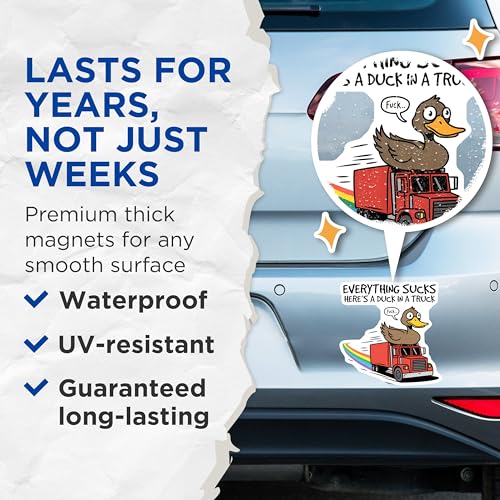 (2 Pack) Everything Sucks HereÃ¢â‚¬â„¢s A Duck in A Truck Magnets - Funny Duck Magnets - Humorous Truck Magnets - 5" On Longest Side - for Cars, Refrigerators, Toolboxes, Lockers - Made in USA BMCS3300