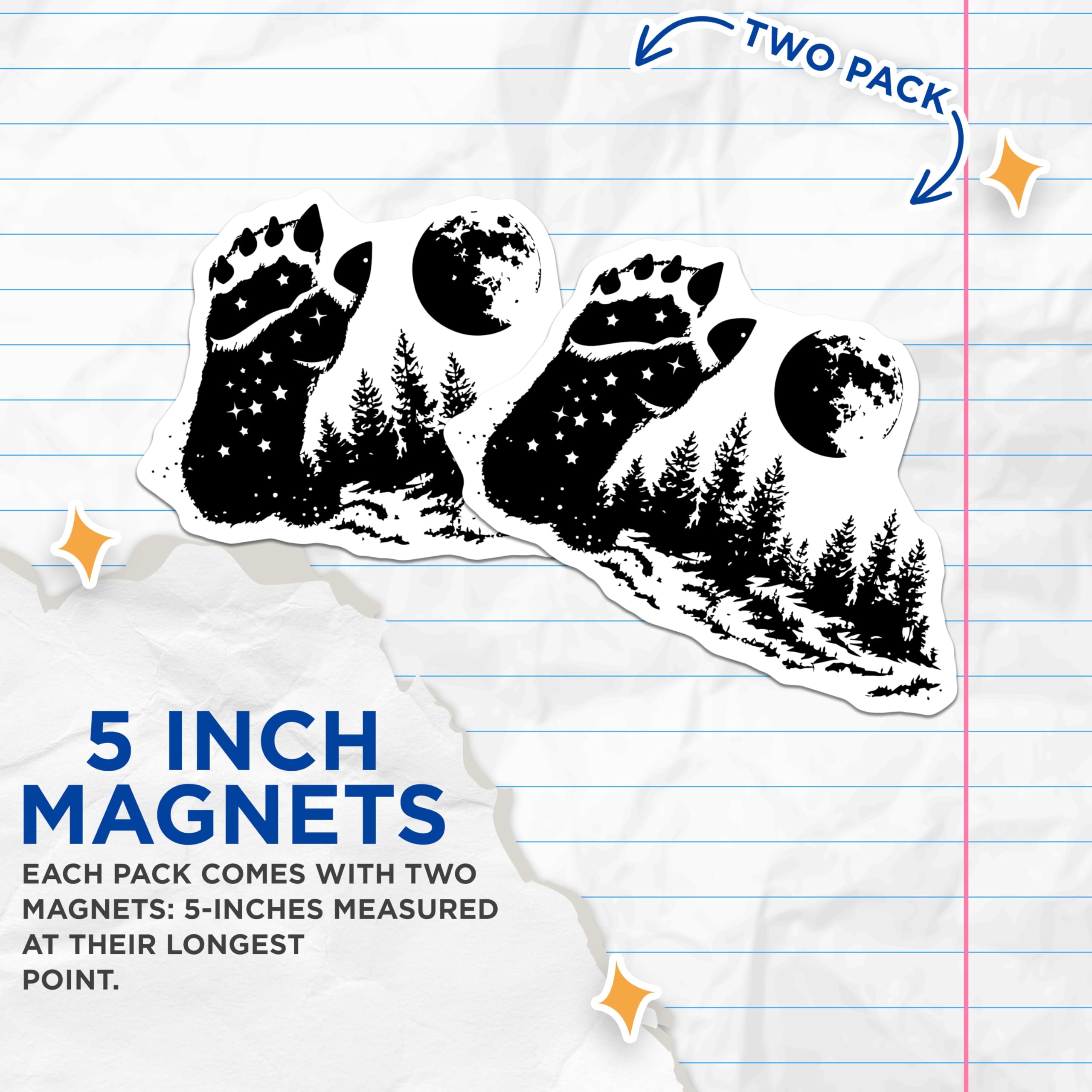 (2 Pack) Bear Paw Print Magnets - Forest Moon Stars Design - Wilderness Refrigerator Decor - 5 Inches On Longest Side - Thick Durable Magnet - Made in USA - MAG22362
