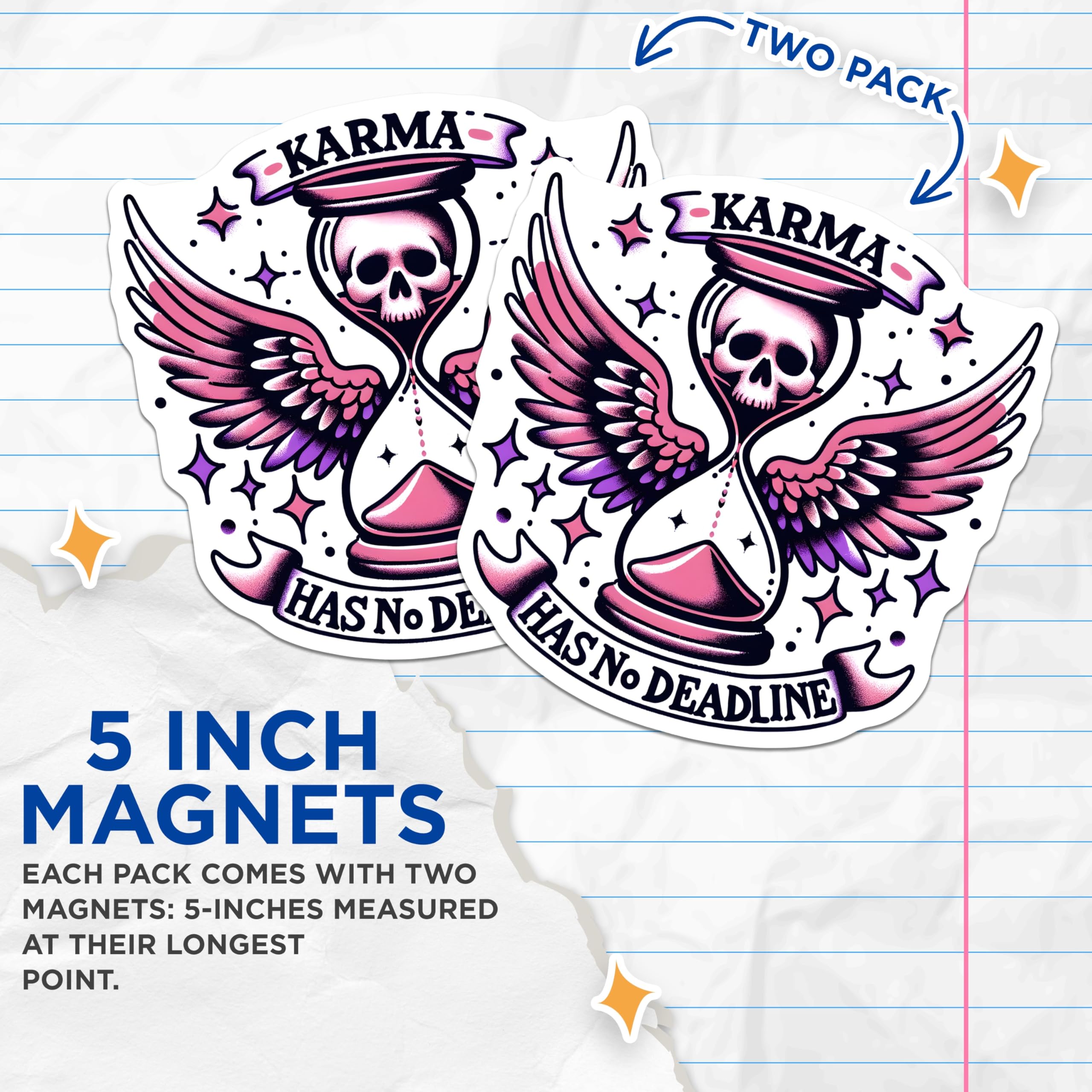 (2 Pack) Karma No Deadline Magnets - Skull Hourglass Art - Spiritual Reminders - 5" On Longest Side - Premium Magnet - for Cars, Refrigerators, Toolboxes, Lockers - Made in USA - MAG15275
