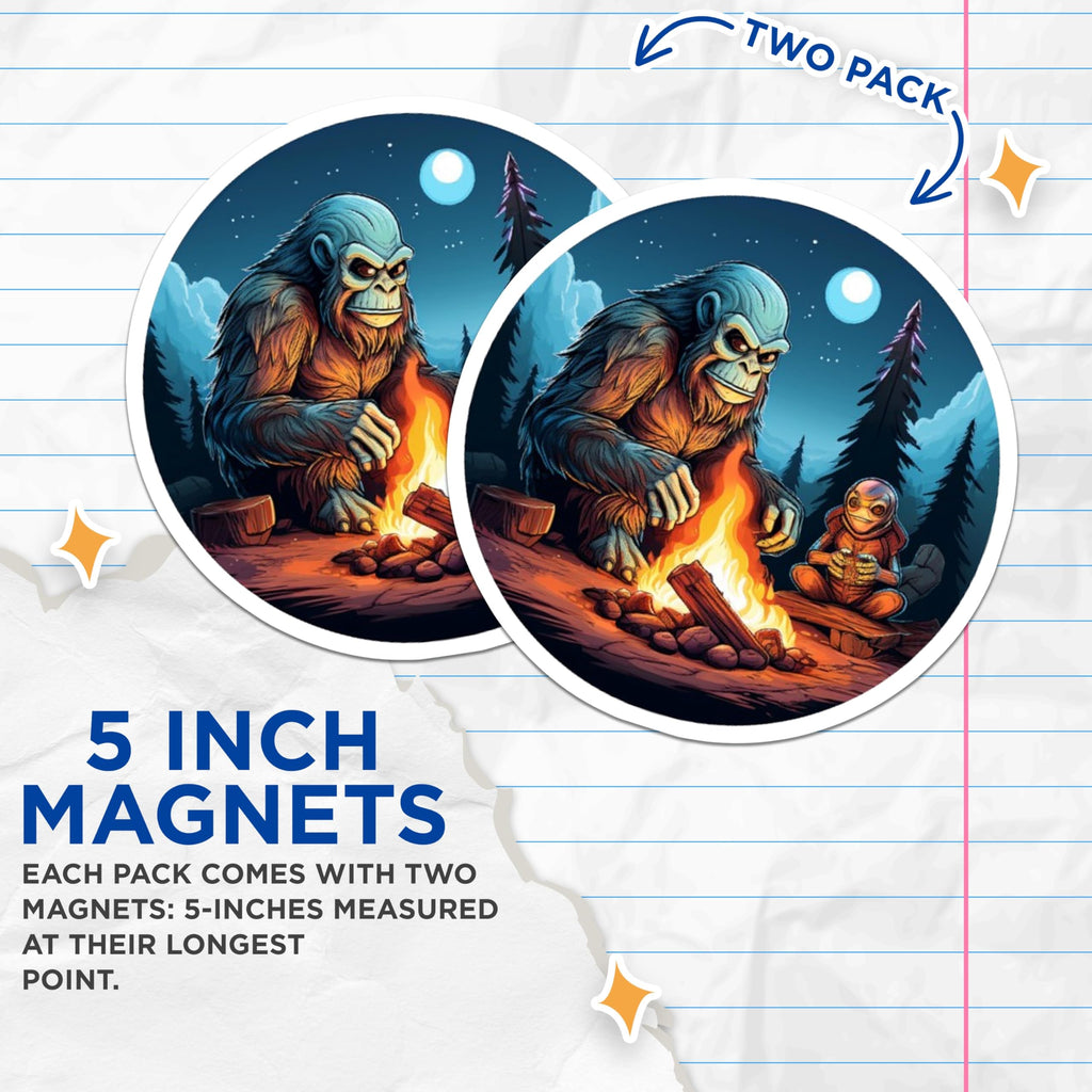 (2 Pack) Bigfoot Alien Magnets - Campfire Night Scene - Cryptid Forest Art - 5 Inches On Longest Side - Thick Durable Magnet - Made in USA - MAG22418