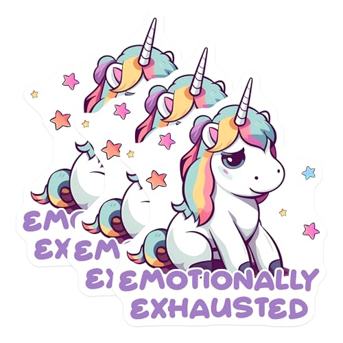 (3 Pack) Emotionally Exhausted Unicorn Decals - Cute Unicorn Stickers - Laptop Decals - 3 Inches On Longest Side - Easy Peel & Apply - Made in USA - 3MCS6568