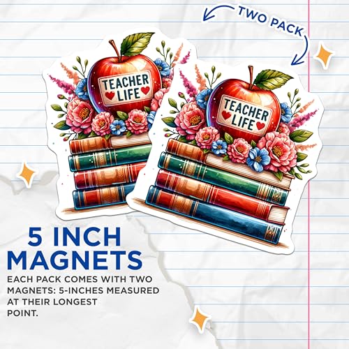 (2 Pack) Teacher Life Magnets - Apple Books Magnets - Classroom Decor - Education Enthusiast - 5" On Longest Side - for Cars, Fridges, Toolboxes - Made in USA - MAG6713