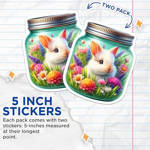(2 Pack) Cute Bunny in a Jar Stickers - Adorable Rabbit - Flower Meadow - 5" On Longest Side - Sticks to Smooth Flat Surfaces - Made in USA - BMCS9355