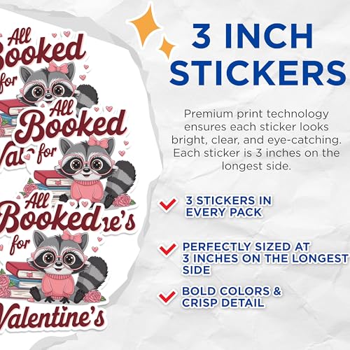 (3 Pack) Valentine Raccoon Decals - Book Lover Decal - All Booked Valentines Decals - 3 Inches On Longest Side - Easy Peel & Apply - Made in USA - 3MCS1639