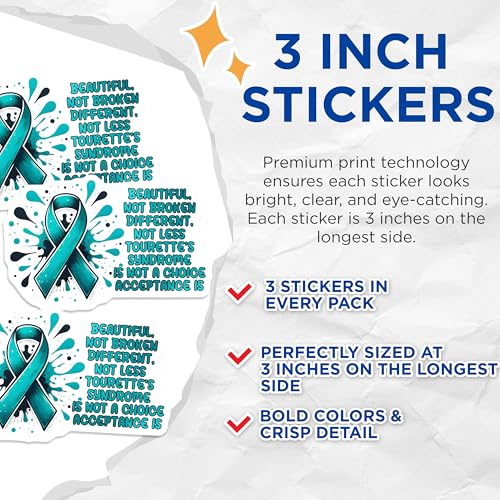 (3 Pack) Tourettes Awareness Decals - Tourettes Syndrome Support - Teal Ribbon Decal - 3 Inches On Longest Side - Easy Peel & Apply - Made in USA - 3MCS6975